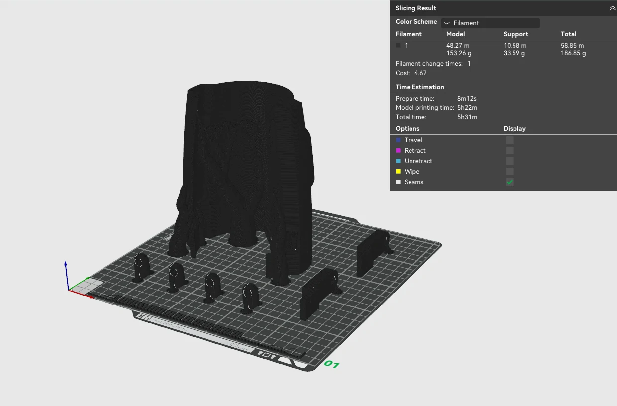 Upper-arm enclosure orientation and support preparation in the slicer.