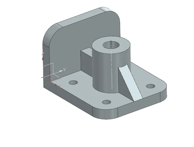 Isometric CAD model of a machined support component with mounting holes and a central bore