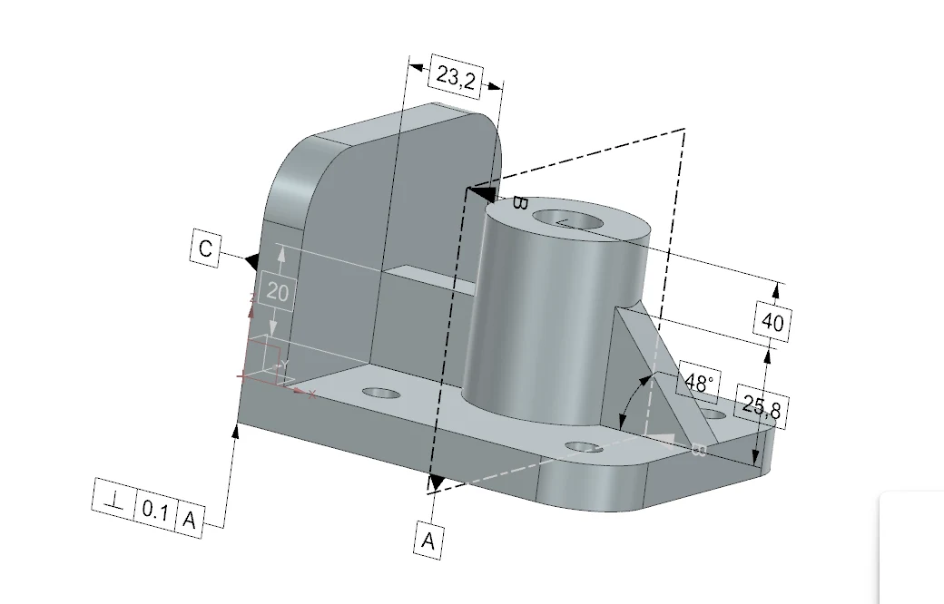 A 3D PMI view communicating the component’s dimensional and geometric requirements.