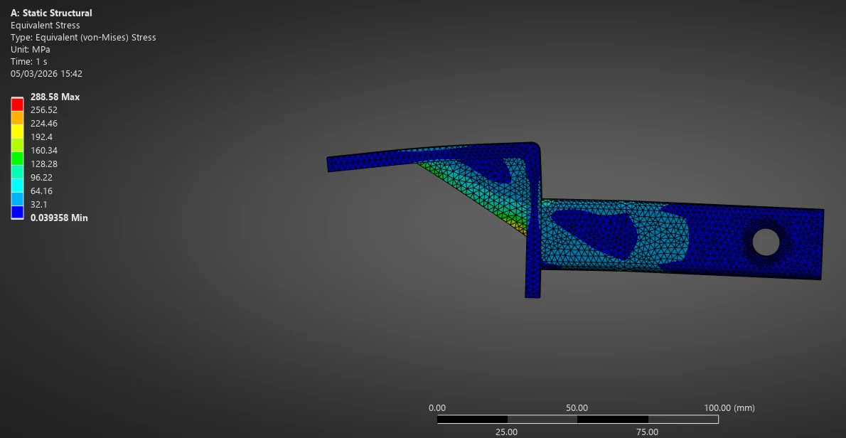 ANSYS equivalent-stress contour for the optimised structural support bracket