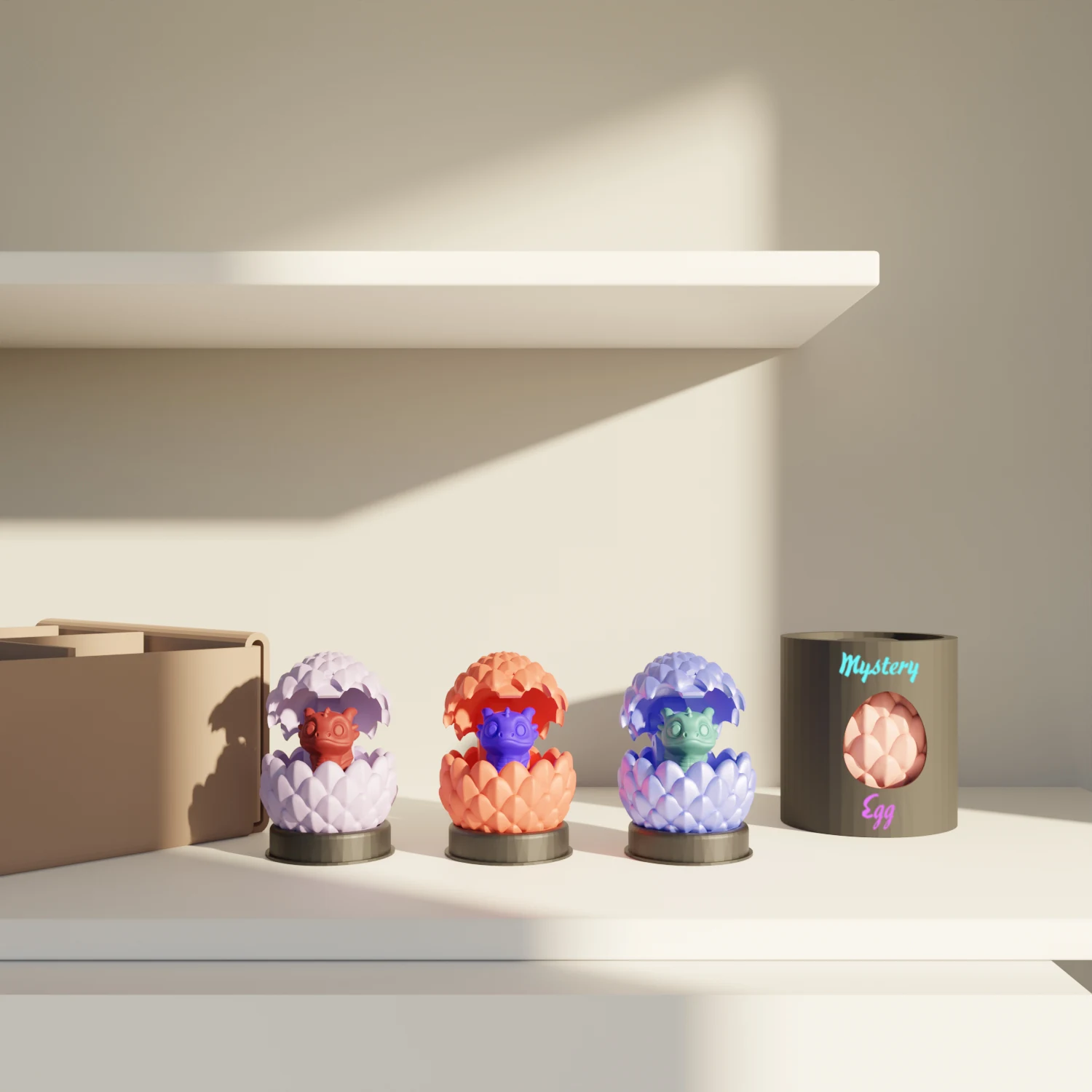 Presentation render of collectible mystery egg toys and their retail packaging