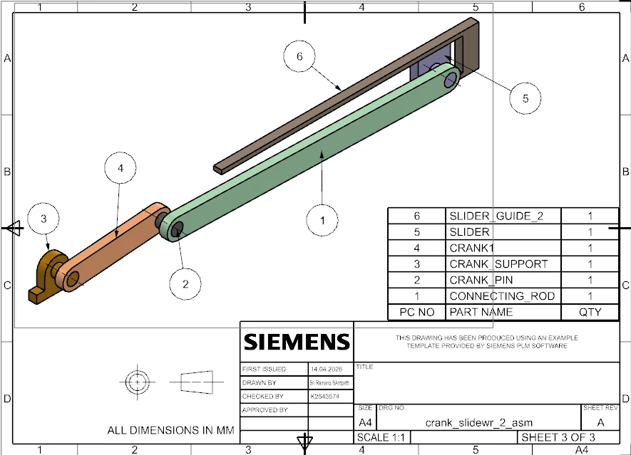 NX assembly drawing of the slider-crank mechanism with a parts list